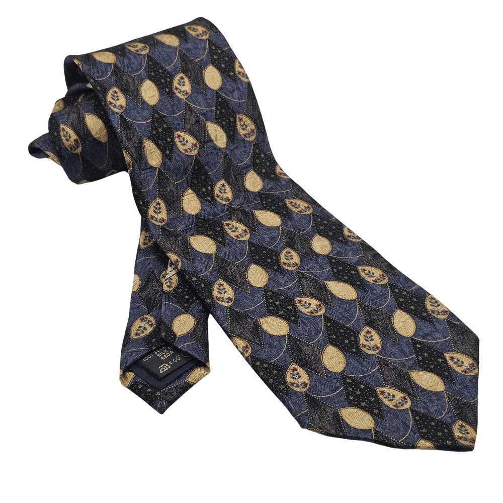 Ermenegildo Zegna Silk Tie Blue Gold Geometric Floral Italian Luxury Designer